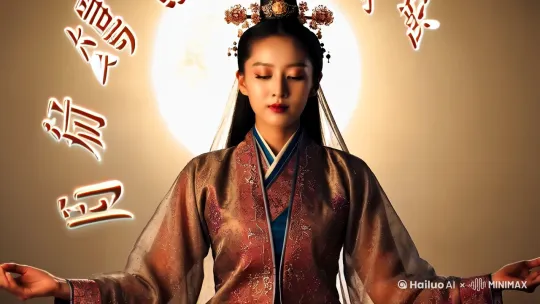 一个古装绝世美女在打坐，身后的光轮慢慢的在转动，身体周围若隐若现的有文字在闪烁，文字写着“聂驰 2025 暴富”，中国水墨风格 by Hailuo AI Video Generator