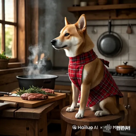 让图片动起来，狗狗用手把桌上的刀拿下来切牛排，一边切一边擦汗，牛排切成一片一片的往锅里放。锅里的烟雾缭绕，狗狗一边切一边骂骂咧咧的，嘴一张一合不满的汪汪两声。要求电影质感的。 by Hailuo AI Video Generator