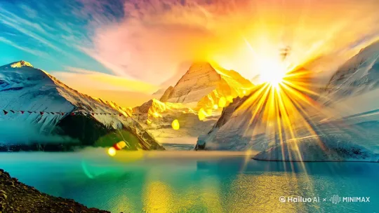[主题画面] 
Golden sunlight pouring over snow-capped Himalayan peaks, majestic Mount Everest in morning glow, hyper-realistic 8K details, cinematic lighting with volumetric rays, delicate mist swirling around mountain ridges, ultra-wide landscape view

[氛围元素]
Traditional Tibetan prayer flags fluttering in alpine wind, crystal glacier lake reflecting golden peaks, drifting cirrus clouds painted in pink-orange hues, subtle motion blur on flowing clouds, Unreal Engine 5 rendered textures

[风格参数]
Cinematic color grading with teal & orange contrast, Arri Alexa film grain, 24fps cinematic motion, anamorphic lens flares, IMAX aspect ratio 1.9:1, depth of field transition by Hailuo AI Video Generator