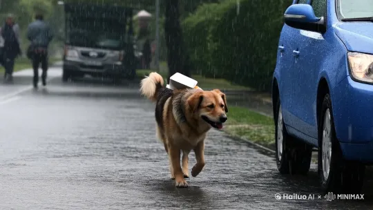 一只在风雨里送外卖的狗 by Hailuo AI Video Generator