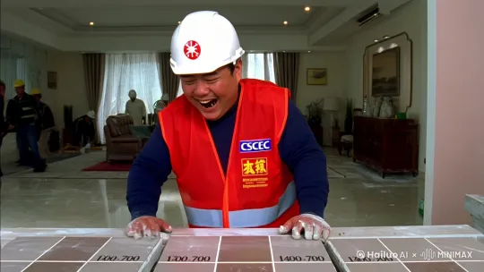 在热闹繁忙的工地上，一名头戴中国建筑loge白色安全帽、身穿中建七局logo反光背心的建筑工人正充满干劲地铺贴室内客厅地面瓷砖，瓷砖大小为1500*700，瓷砖铺贴材料为水泥砂浆，他的脸上洋溢着希望与坚定的神情 by Hailuo AI Video Generator