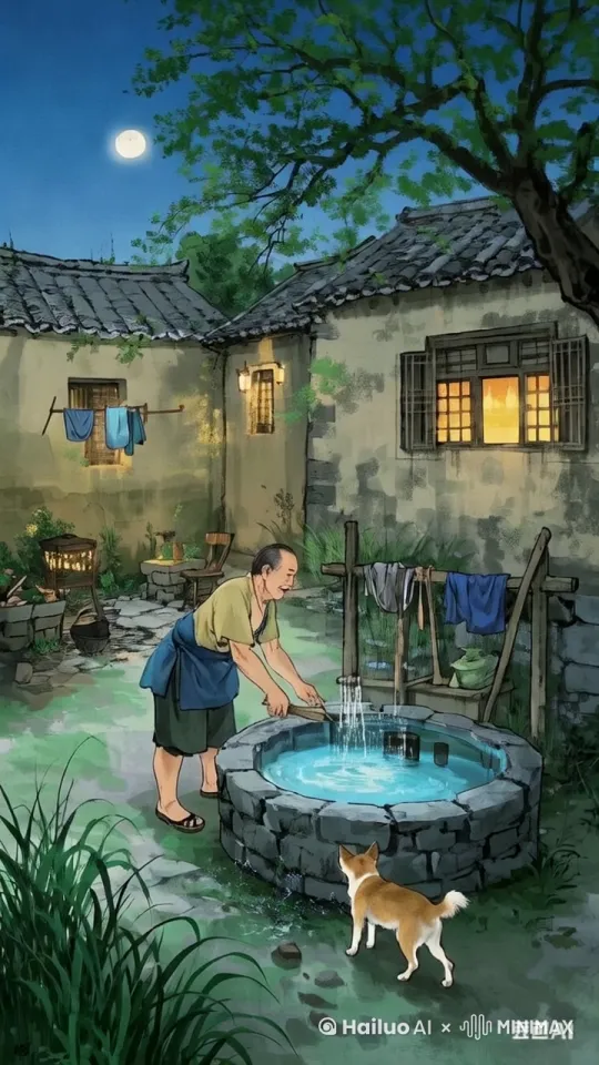 初夏傍晚的南宋农家院落｜九比十六竖构图｜夯土墙围合的三合院布局｜正房格栅窗透出温馨灯光｜东厢廊下锄头随意靠着｜院中古槐枝叶摇曳，月光洒下斑驳树影，老者劳作归来，在井边用凉水洗头，脸上露出惬意神情，汗水湿透的衣衫搭在井沿，旁边的小狗欢快地摇着尾巴，不时用爪子刨着地上的泥土｜青石井台爬满青苔，井绳因常年使用而磨损｜晾衣竿上的衣物随风摆动，似在诉说着生活的平淡与宁静｜西墙柴垛旁的草丛里传来虫鸣声｜采用8K超清渲染但保留水墨笔意｜焦墨勾勒瓦当滴水｜深绿晕染槐叶｜犬毛呈现逼真丝毛技法｜井水流动实施流体模拟 by Hailuo AI Video Generator