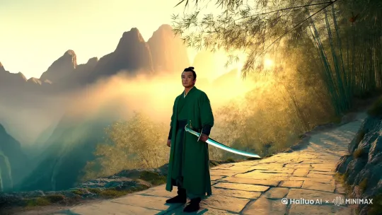 这段武侠风格的视频画面逐渐展开，画面中是一座苍茫的山脉，云雾缭绕，山巅隐约可见，仿佛与天相接。天边的夕阳余晖洒落，照亮了山间的小径，金色的光芒透过树枝洒在石板上，显得宁静而神秘。

镜头缓缓推近，一名身穿青衫的剑客正独自站在山道上，手中握着一把泛着寒光的长剑。他的目光如炬，扫视着远方，似乎在等待什么。耳边只有微风拂过，竹叶轻轻摇曳的声音，伴随着偶尔的鸟鸣。青衫剑客的面容被一层淡淡的雾气笼罩，神情沉静而坚定，犹如一块不为世俗所动的磐石。

突然，画面一转，远处的山谷中传来一阵马蹄声，渐渐逼近。紧接着，一队身着黑衣的骑士飞驰而来，他们的马蹄在石板路上发出急促的回响。骑士们神色肃穆，显然是带着某种紧急使命。

剑客微微侧头，目光如刀锋般锐利，剑意一闪，随即转身，身形如同离弦之箭，瞬间消失在茫茫山道中。镜头随之追逐，剑客腾跃过一座座山石，身影如鬼魅般轻盈而迅速。

此时，黑衣骑士也追了上来，刀剑铿锵声响起，黑衣骑士们挥动长剑，冷冷地瞄准剑客。然而剑客的动作比他们更快，每一次闪避都恰到好处，剑光如水波般洒落，在夕阳的映照下，璀璨无比。

战斗中，剑客和骑士们的动作交错成一幅绝美的画卷，剑光纵横，刀影如幻。每一招每一式，都带着深深的内力与韵律，仿佛天地间的风云都在为这一场对决而震动。

最终，剑客轻巧地落地，一剑横扫而过，黑衣骑士们纷纷退后，露出一条血迹斑斑的道路。剑客的身影依旧如烟云般飘忽不定，消失在远处的山巅，留下的只有山间微微晃动的树影和淡淡的剑气。

画面逐渐暗淡，音乐缓缓回响，江湖的风云仍在继续，仿佛这只是一个新的传说的开始。 by Hailuo AI Video Generator