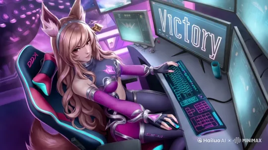 [左移,上升]数字艺术概念设计，少女偶像kda阿狸端坐于高科技游戏椅中，多屏环绕，中央屏幕闪烁"Victory"字样。她身着紫银渐变紧身战衣，金属网格随腰部拉伸显露肌肤微光，九尾波浪起伏，尾梢铃铛轻响。游戏椅响应胜利信号，自动折叠变形为悬浮立方体，地面光影投射荣耀徽记。微距镜头聚焦，阿狸睫毛轻颤，半透明外袍褶皱间光粒子流窜，发光肩甲折射七彩光环。速度线特效叠加，机械齿轮背景虚化，强化未来感空间层次。环绕运镜五秒内由天顶至平视，捕捉阿狸伸展肢体的每一个细节，定格胜利瞬间的极致美感。中近景，动态构图。 by Hailuo AI Video Generator