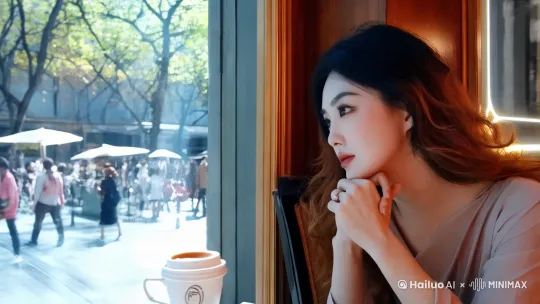 「柔光午后，玻璃橱窗映出长发女子侧颜，素色连衣裙随椅背垂落，指节轻抵下颌，凝望梧桐树影间斑驳人群，咖啡杯沿雾气消散成凝固的思念。」 by Hailuo AI Video Generator