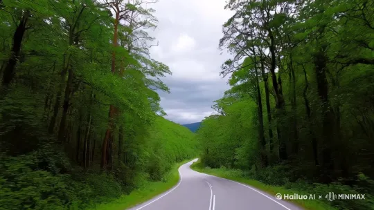 阴天阴天，公路，茂密的树林 by Hailuo AI Video Generator