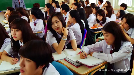穿了校服的四十个同学坐在教室里听老师讲课，老师站在黑板面前，学生座位也面对着黑板，同学们有的在喝水，有的在做笔记，有的在讲小话，有的在偷吃辣条，有的在发呆，日漫风格[左移,上升] by Hailuo AI Video Generator