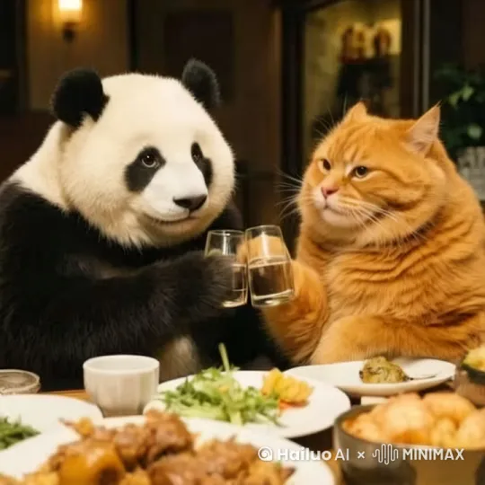两只动物高举酒杯开心的喝起来，镜头拉近熊猫还拍了拍橘猫的头，橘猫笑的很开心 by Hailuo AI Video Generator