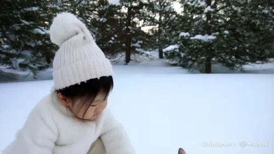 天使模样的小女孩俯身和一只猫咪握手，雪天，在野外 by Hailuo AI Video Generator