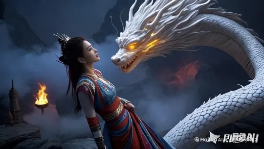 火焰燃烧，白色烟雾流动，龙身蠕动，龙表情犀利，凶狠，龙须和龙头毛须活灵活现，人物侧身对视龙头，整体有风动效果， by Hailuo AI Video Generator