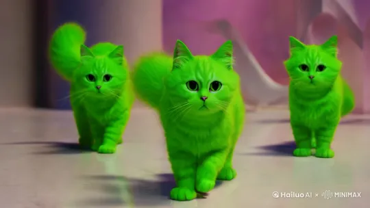 四个绿色的猫咪合成了一个蓝色的猫咪 by Hailuo AI Video Generator