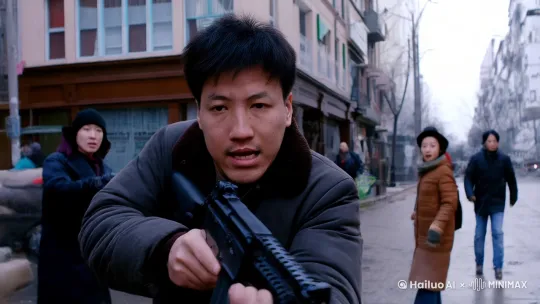 让这个人手持ak到处乱射，周围人吓得爆头 by Hailuo AI Video Generator