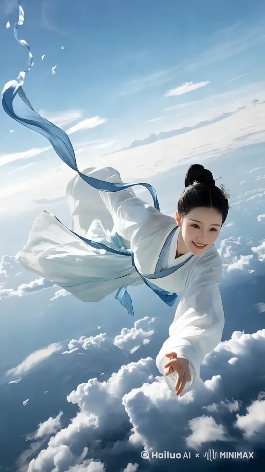 快速高空跟踪镜头移动，无人机视角一个超
现实的高速梦境序列，美女像仙女一样飞向
空中，轻松地在空中滑行，双臂向两侧伸
展，头部向前，捕捉平滑水平飞行的感觉。
头发、衣服随风摇摆，相机紧密跟踪，相机
从略高位置的俯视角度紧密跟踪从左后方向
右后方移动，随着角色迅速穿越场景。环境
是动态的，快速变化，下面有古镇的石板路
和古色古香的店铺，运动模糊和光迹增强了
速度感和流畅性。快速移动。” by Hailuo AI Video Generator