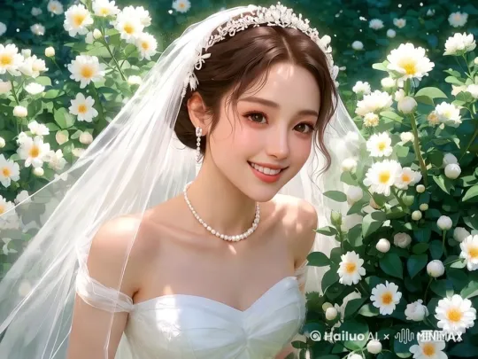 人物表情自然，朝着镜头微信，头上头纱飘动，镜头缓慢向后移动 by Hailuo AI Video Generator