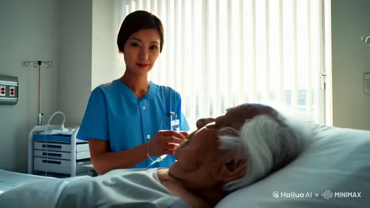 在明亮的病房里，美丽的护士给卧病在场的老人打吊针[左移,右摇,跟随] by Hailuo AI Video Generator