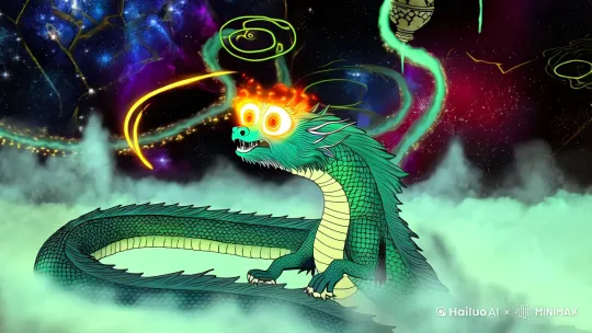 Generate a hyper-detailed Chinese cosmological painting where a cosmic-scale Azure Dragon coils through a rotating nebula, its scales iridescing with malachite and cinnabar patterns. The dragon's eyes manifest as twin Pulsars radiating yin-yang energy waves, with flaming pearl orbits tracing the Bagua trigrams. Swirling mist forms Taiji symbol whirlpools around the dragon's body, ancient bronze ritual vessels floating in space emit ghostly green smoke. The background shows cracked dark matter resembling cracked ceramic glaze, constellations forming the image of the Great Wall of Stars. Maintain ink-wash texture gradients with 16 layers of xuan paper simulation, add subtle crackling energy effects on the dragon's scales using --glow_strength 0.75 --vignette 0.15
[左移,上升][跟随,变焦推进] by Hailuo AI Video Generator