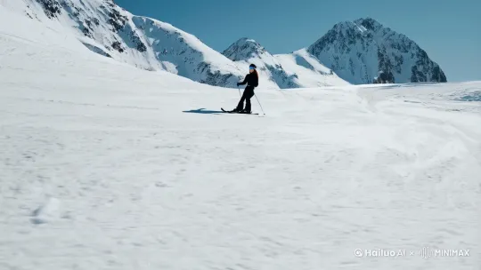 [左移,上升]一一个很帅的穿着全黑滑雪套装 带着头盔的长发女生迎镜头滑雪 在我面前 刹停扬起雪遮住镜头 视频长度大概15秒 by Hailuo AI Video Generator