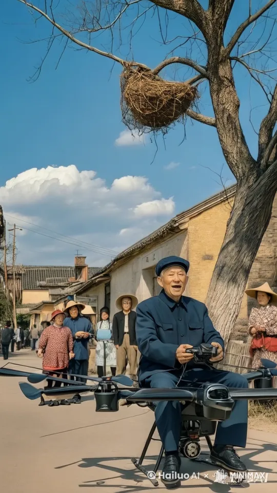 镜头移动，动态跟随。大爷稳稳的坐在无人机的背上，无人机飞到树上的鸟窝附近，大爷伸手掏鸟窝 by Hailuo AI Video Generator