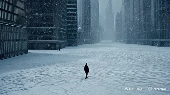 鹅毛大雪一个人走在繁华落尽的城市里 10秒以上 by Hailuo AI Video Generator