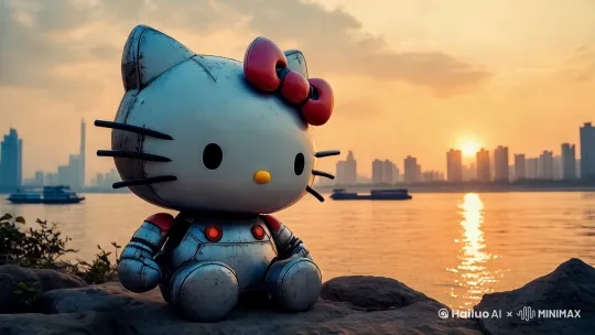 hellokitty 眨眼转头看向远方，忧伤，思恋的情绪，镜头后退，王家卫电影感 抽帧摄影 延时摄影 创意人像摄影 青橙色调 光线虚化模糊 形成模糊的拖影 柔焦摄影 深邃迷离的眼神 [左摇,变焦推进] by Hailuo AI Video Generator