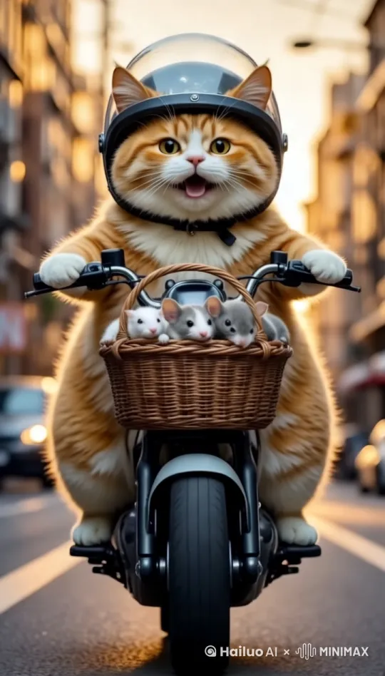 猫咪骑着车在往镜头前面行驶，猫咪脸上露出高兴的表情[变焦拉远,拉远] by Hailuo AI Video Generator