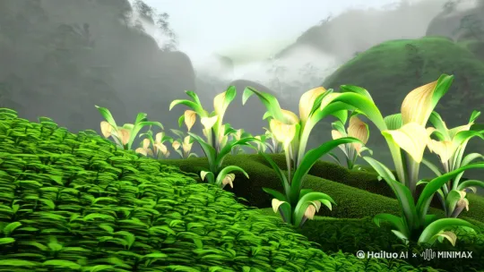在云雾缭绕的神秘山谷，有一片被岁月遗忘的仙境，那里生长着一群神奇的铁皮石斛精灵。它们身形纤细，叶片闪烁着温润的光泽，每一片都承载着大自然的祝福。
以绿色主题，漫画 by Hailuo AI Video Generator