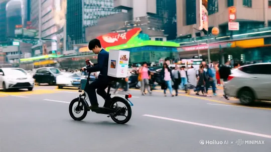 一个美团骑车上班的中国小伙，在骑车的时候看手机短视频，被来往的车辆撞倒在地上，撞得满身是伤 by Hailuo AI Video Generator