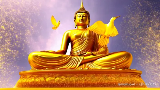 金光大佛盘坐着，周边金光闪闪，金光流动，金色飞鸟盘旋，摄像机推远仰视 by Hailuo AI Video Generator