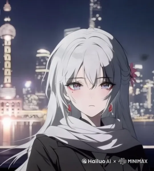 动漫银发少女，可爱动人，会笑的眼睛，清风吹动头发，日落黄昏晚霞， by Hailuo AI Video Generator