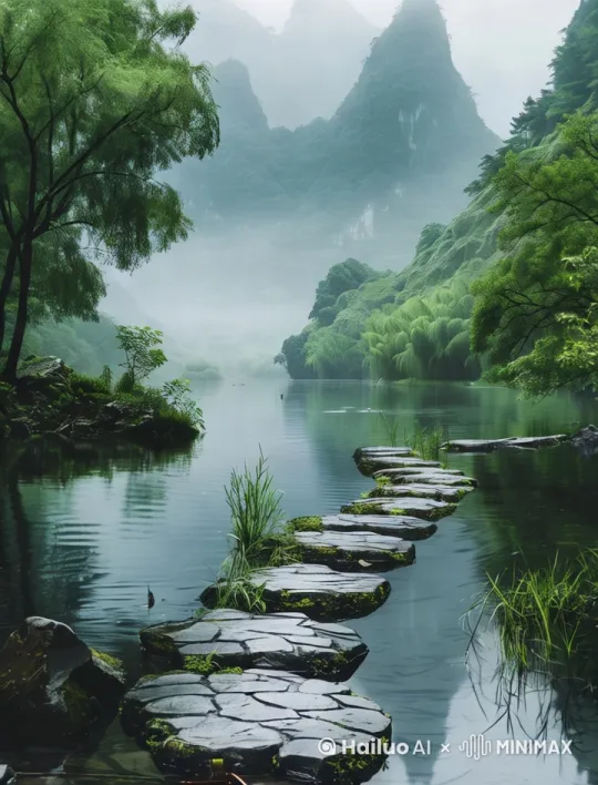 溪水潺潺而流，随风摇曳的树枝，镜头前推运镜，高清画质 by Hailuo AI Video Generator