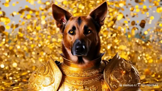 一个帅气的比利时马犬将军在撒很多很多金币，穿着金色的盔甲，帅气英武 by Hailuo AI Video Generator