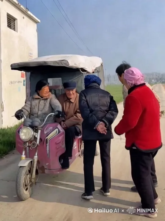 说着说着老太婆的三轮车变成了汽车，几个老太婆吓得到处乱跑 by Hailuo AI Video Generator