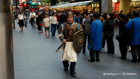一个唐朝士兵,身穿唐朝士兵服装[下降,上摇],手拿武器和盾牌,走在上海南京路上[右移,跟随],士兵神态怡然自得.路人表现出惊诧惊讶的表情,纷纷避让. by Hailuo AI Video Generator