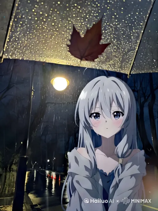 让静态画面动起来,增加视觉效果,比如添加雨滴下落、风吹动伞或背景灯光的变化等效果
-,可添加雨滴
- 雨滴从伞面向下飘落(建议添加10-15帧)
- 地面水洼倒影的涟漪效果
- 路灯灯光的渐明渐暗变化 by Hailuo AI Video Generator