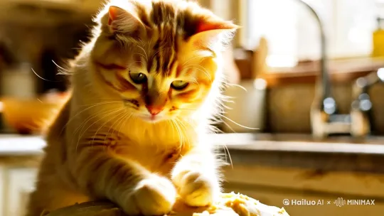 一只小黄猫在揉面团 by Hailuo AI Video Generator