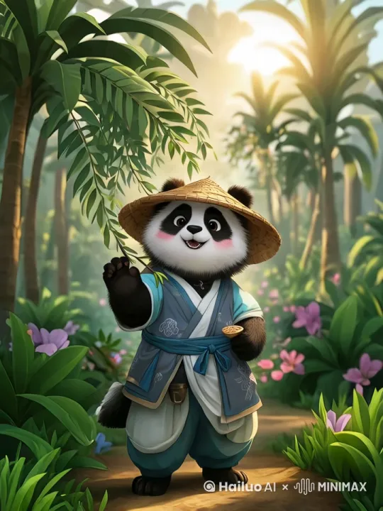 让图片中的熊猫开口说话，阳光有动态，树木花草都有动态 by Hailuo AI Video Generator