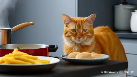 一只橘猫炒菜的视频 by Hailuo AI Video Generator
