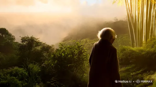 一对老人上山砍柴，看到一片散发金光的竹林，一颗竹子在晨曦照耀下变成小男孩。老人托举起孩子。 by Hailuo AI Video Generator