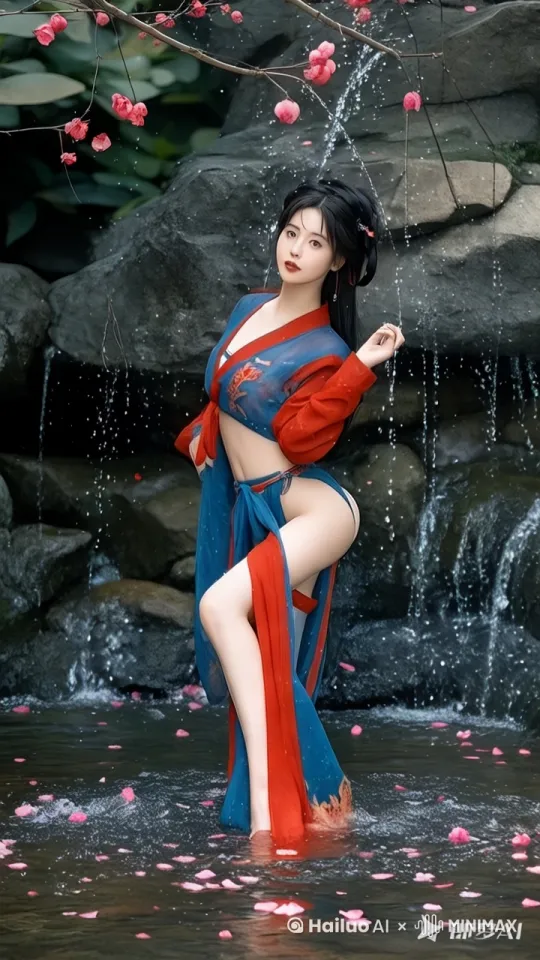 [左移,上升]画面中的女人，做着优雅的动作和舞蹈，动作柔美丝滑，表情撩人，画面唯美，美丽动人， by Hailuo AI Video Generator