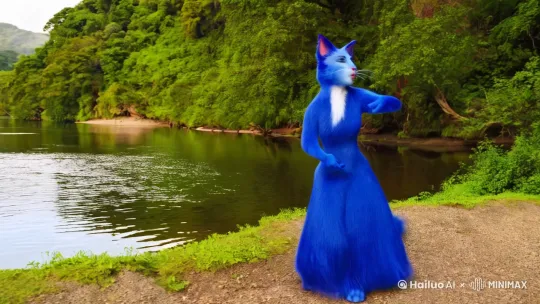 蓝色的胖猫人在河边跳舞唱根本你不懂得不懂得爱我着[右移,左摇,跟随] by Hailuo AI Video Generator