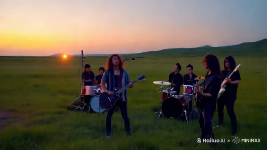 中国摇滚乐队在大草原上与一群恐龙一起演艺，非常融洽，夕阳西下，夜幕降临，生起篝火，乐队成员有弹吉他的，弹贝斯的，打架子鼓的等，头发衣服随风飘动，恐龙探头观看，不停的跟着音乐晃动 by Hailuo AI Video Generator