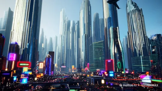 未来科幻城市，一艘飞船从空中飞过[晃动] by Hailuo AI Video Generator