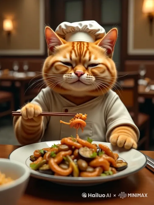 把食物夹到嘴里，嘴有吃饭的动作，动作丝滑流畅 by Hailuo AI Video Generator