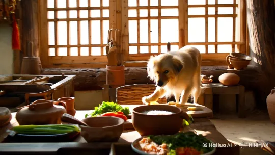 生成一个中华田园犬切菜煮饭，包饺子吃的视频 by Hailuo AI Video Generator