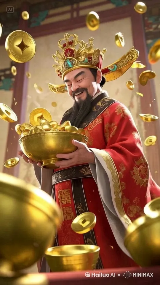 一个穿着华丽红色长袍、头戴金色皇冠的人物，面带笑容，嘴里唱着歌，手持装满金元宝的聚宝盆，大量金币和金元宝落下来，堆积成山，身处古典室内环境，表情和蔼，充满富贵气息。 by Hailuo AI Video Generator