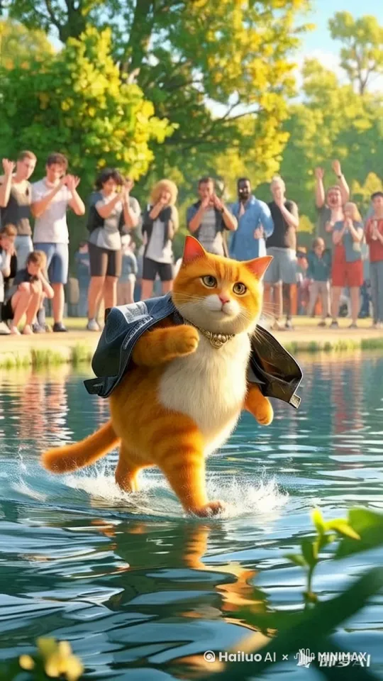 一只拟人化肥胖的橘猫，穿着现在人的衣服，在水面上行走，背景是公园的小湖，湖边上有很多人很惊讶的在鼓掌，全身照，超广角镜头，动态捕捉，柔和光线。超现实主义风格，虚幻引擎渲染，8k 高分辨率，高质量，细节逼真。 by Hailuo AI Video Generator