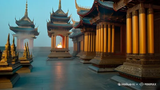 寺庙香火不断，楼阁淫移漫天，善恶交织，因果不止，路人拔剑怒斥不公，草寇竖眉引火叫板，我们效仿前人古书咬文嚼字，斩魑魅，伏魍魉，迎北上，下江南，灯火通明上演宫角徵羽，噤若寒蝉来于嗔痴财色贪，若把世间比作残曲，人命不过反复生还。梅艳芳经典视频 by Hailuo AI Video Generator
