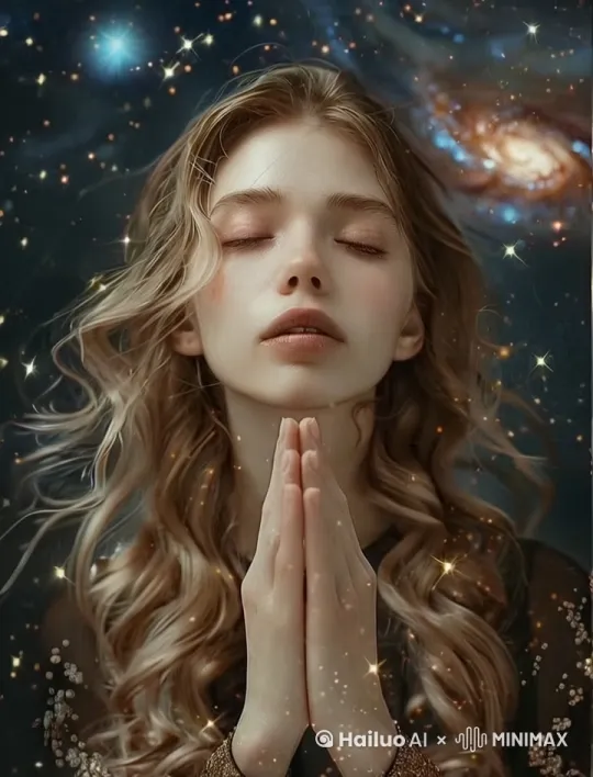 背景的宇宙星辰闪耀流动着，头发随风飘舞，其他不动 by Hailuo AI Video Generator