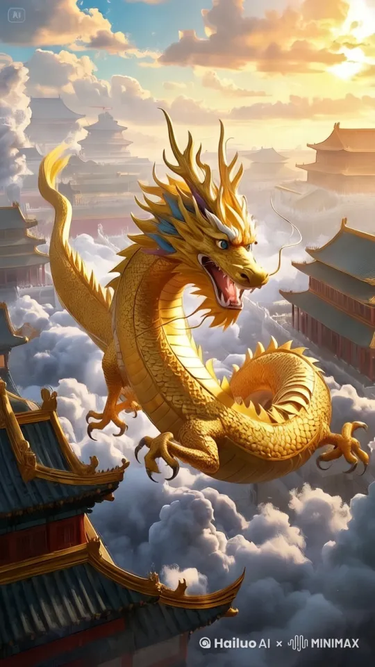 金龙飞上天，祥云翻腾，上揺镜头。 by Hailuo AI Video Generator