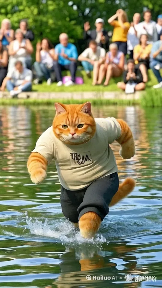 创意描述
镜头移动，动态跟随，橘猫用中国轻功顺速奔跑到湖岸 by Hailuo AI Video Generator